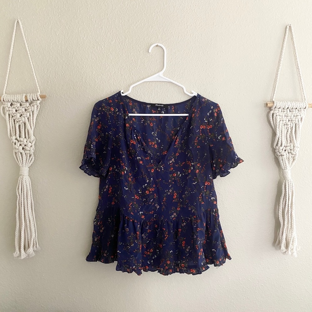 Madewell Silk Stanza RuffleHem Top Moonless Floral